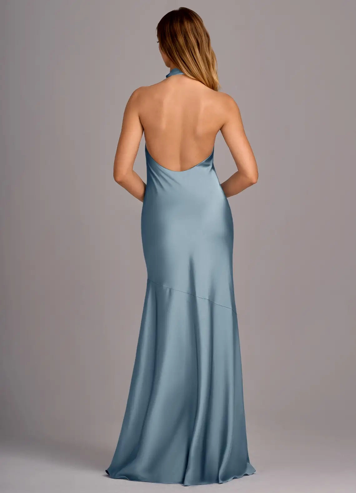 Dusty Blue Halter Neck Satin Maxi Dress with Side Slit Dusty Blue Mermaid Pleated Stretch Satin Dress Bridesmaid Dresses
