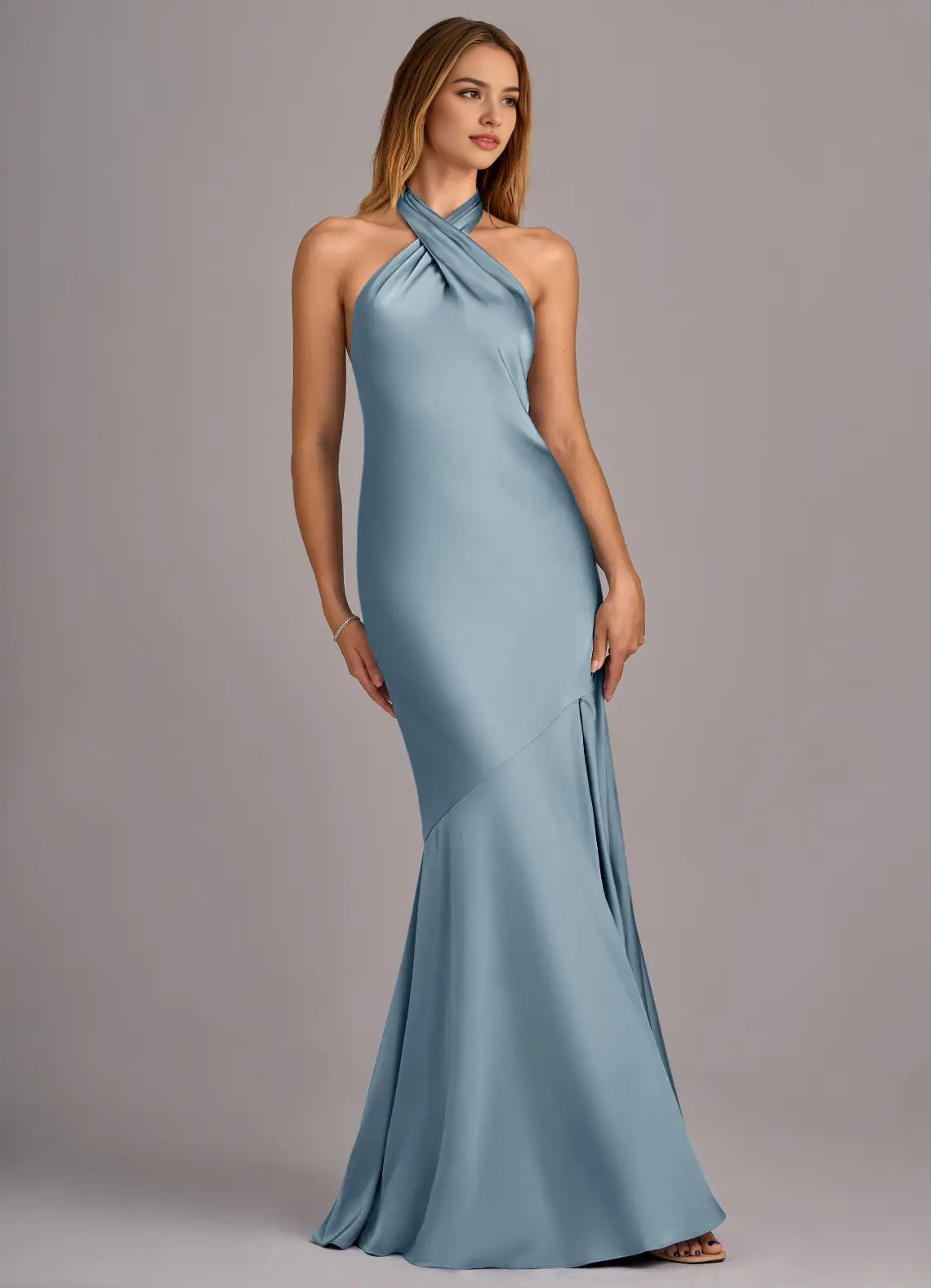 Dusty Blue Halter Neck Satin Maxi Dress with Side Slit Dusty Blue Mermaid Pleated Stretch Satin Dress Bridesmaid Dresses
