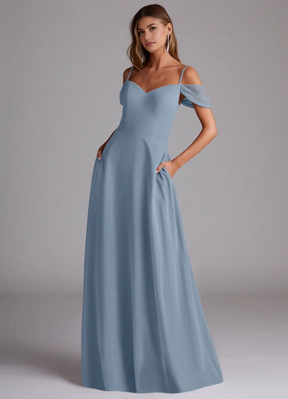 Dusty Blue Off-Shoulder Chiffon Maxi Dress with Pockets Dusty Blue A-Line Off the Shoulder Chiffon Convertible Dress Bridesmaid Dresses