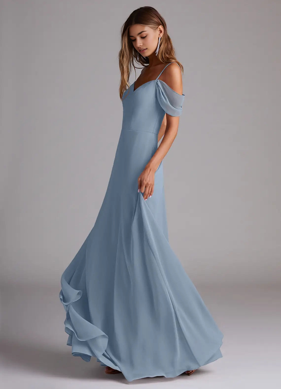 Dusty Blue Off-Shoulder Chiffon Maxi Dress with Pockets Dusty Blue A-Line Off the Shoulder Chiffon Convertible Dress Bridesmaid Dresses