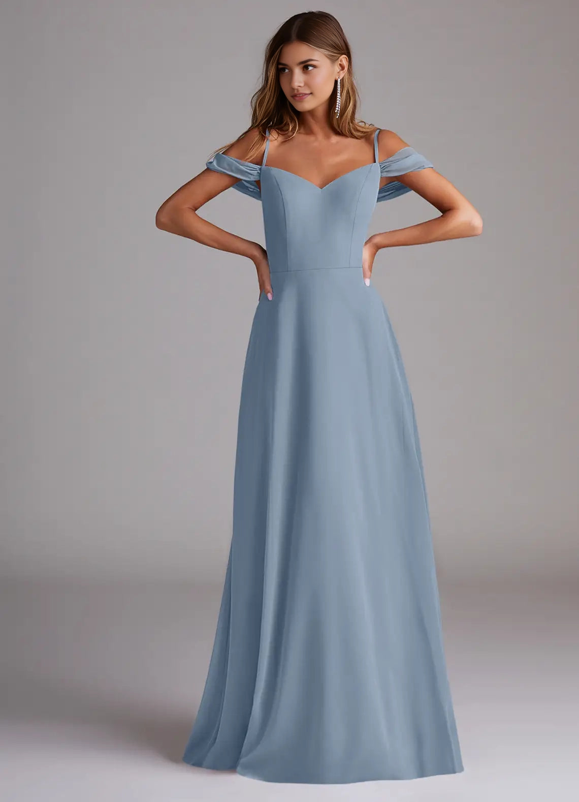 Dusty Blue Off-Shoulder Chiffon Maxi Dress with Pockets Dusty Blue A-Line Off the Shoulder Chiffon Convertible Dress Bridesmaid Dresses