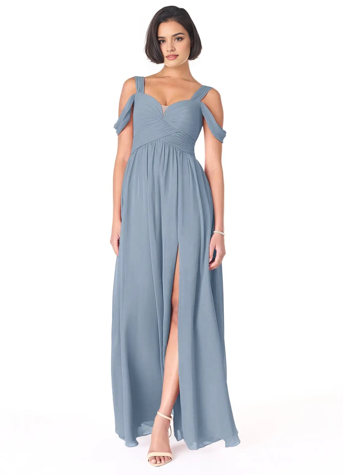 Dusty Blue Off-Shoulder Maxi Dress with Side Slit Dusty Blue A-Line Off the Shoulder Chiffon Dress Bridesmaid Dresses