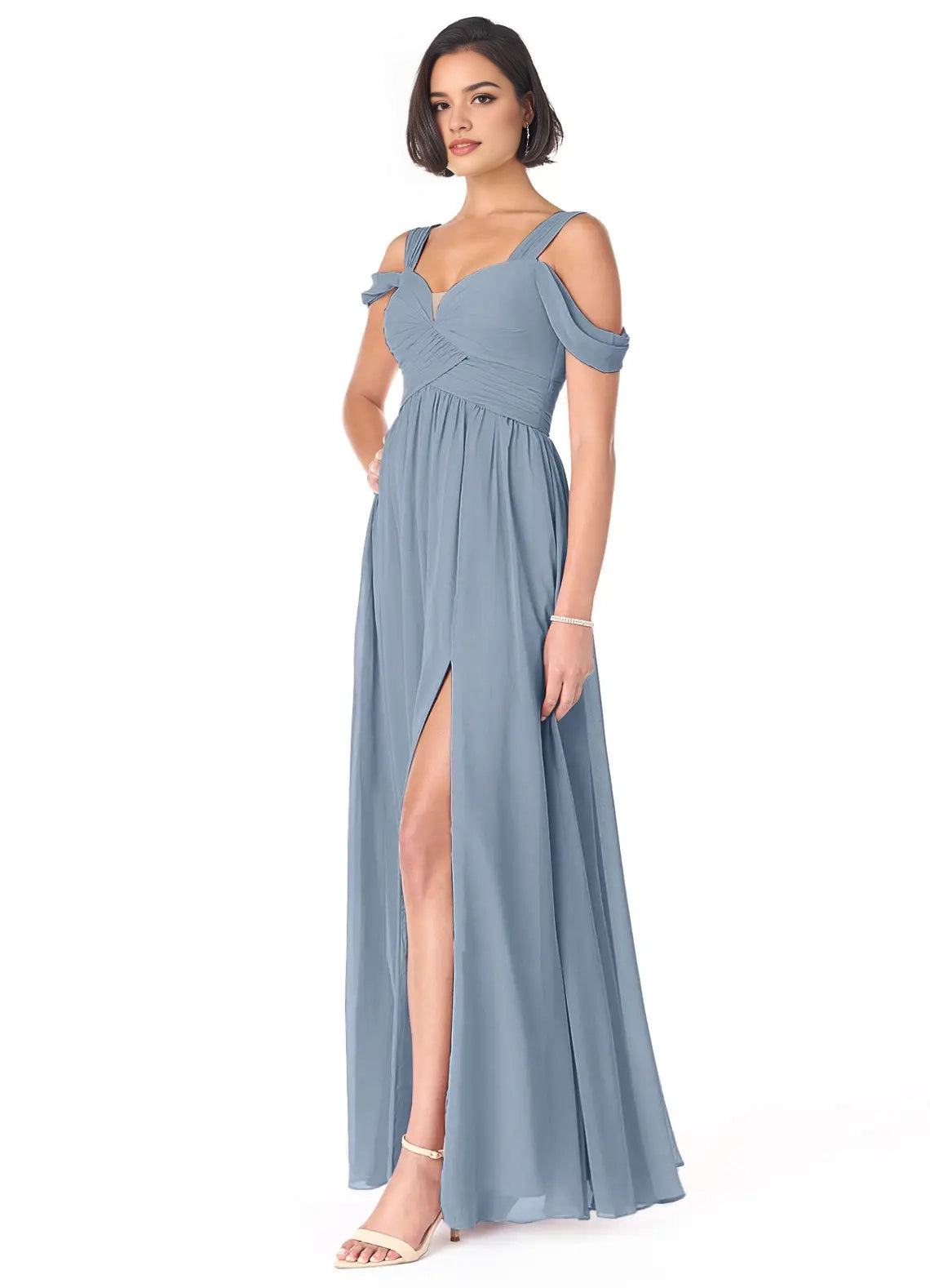 Dusty Blue Off-Shoulder Maxi Dress with Side Slit Dusty Blue A-Line Off the Shoulder Chiffon Dress Bridesmaid Dresses