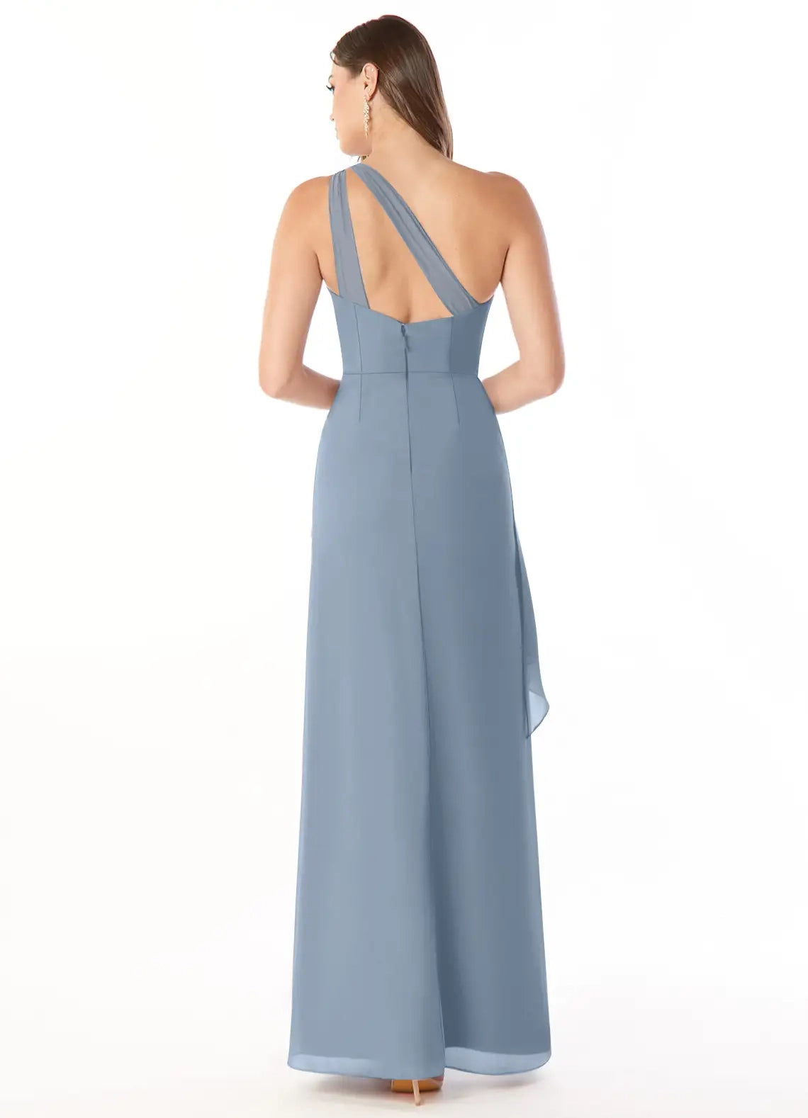 Dusty Blue One-Shoulder Maxi Dress with Side Slit and Ruffle Detail Dusty Blue Sheath Pleated Ruffle Chiffon Dress Bridesmaid Dresses