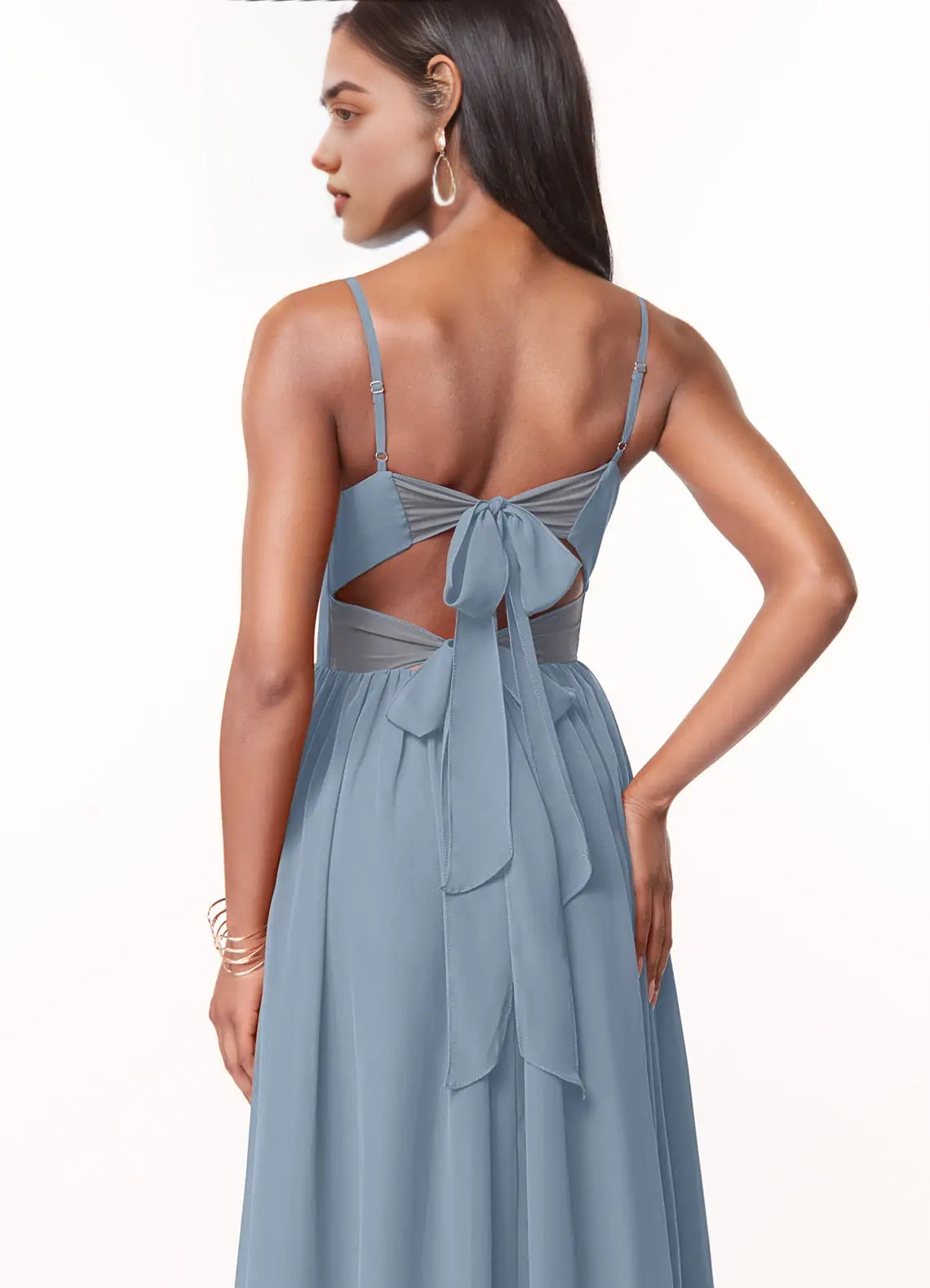 Dusty Blue Spaghetti Strap Maxi Dress with Back Bow and Side Slit  A-Line V-Neck Pleated Chiffon Dress Bridesmaid Dresses