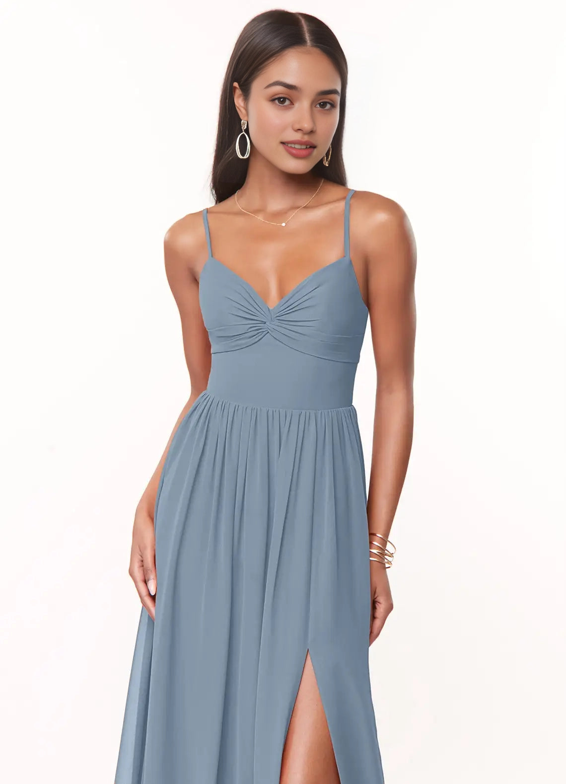 Dusty Blue Spaghetti Strap Maxi Dress with Back Bow and Side Slit  A-Line V-Neck Pleated Chiffon Dress Bridesmaid Dresses