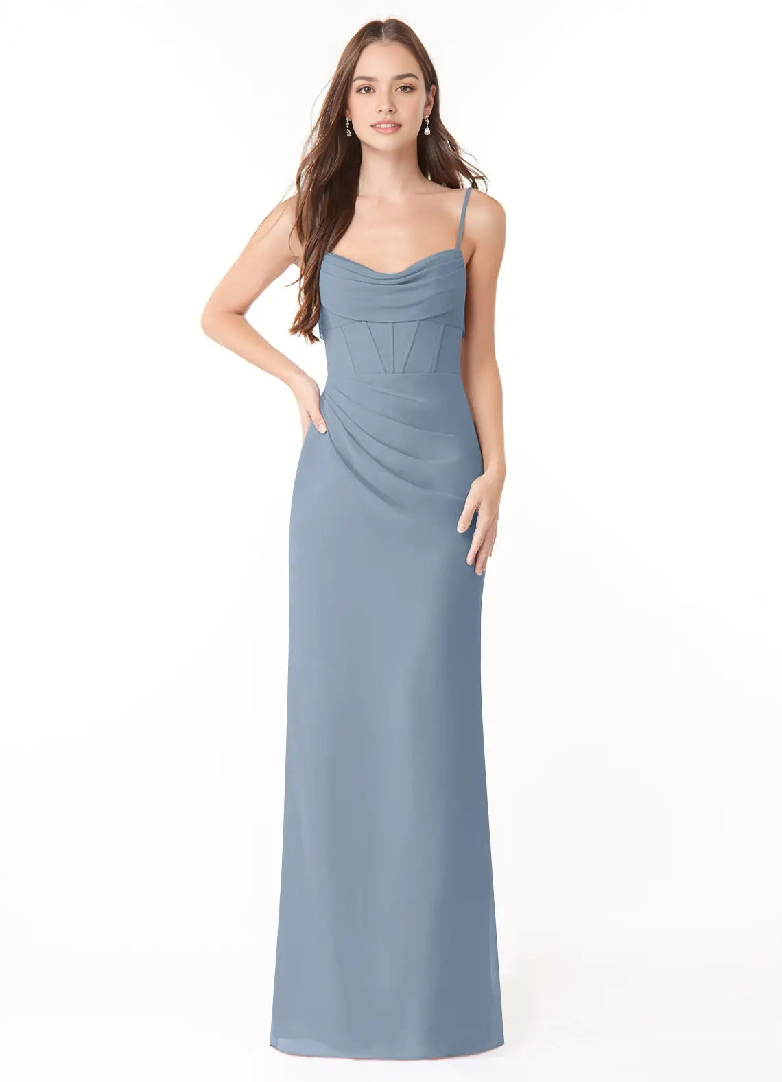 Dusty Blue Spaghetti Strap Maxi Dress with Cowl Neck and Back Bow Dusty Blue Sheath Pleated Chiffon Dress Bridesmaid Dresses