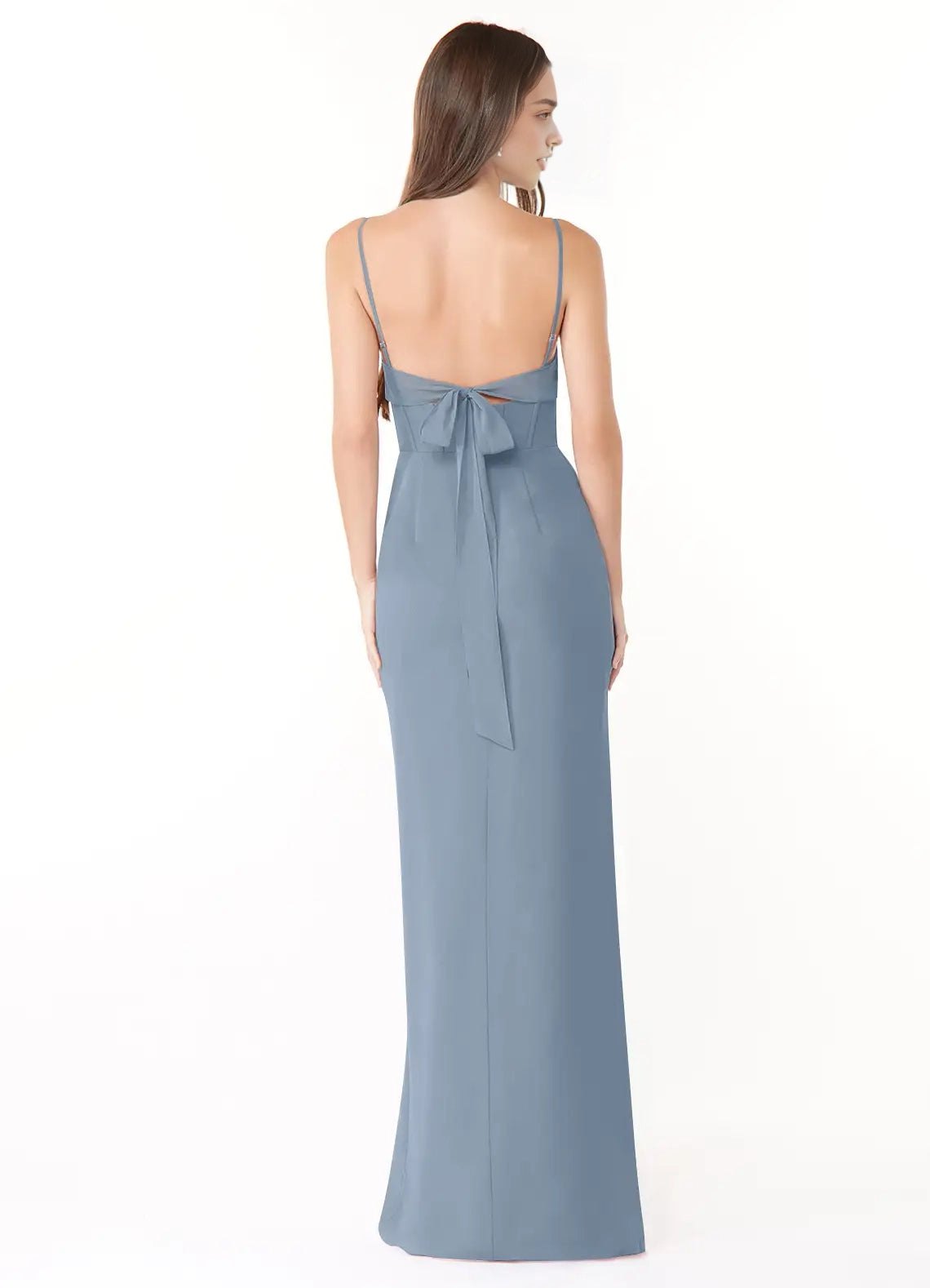 Dusty Blue Spaghetti Strap Maxi Dress with Cowl Neck and Back Bow Dusty Blue Sheath Pleated Chiffon Dress Bridesmaid Dresses