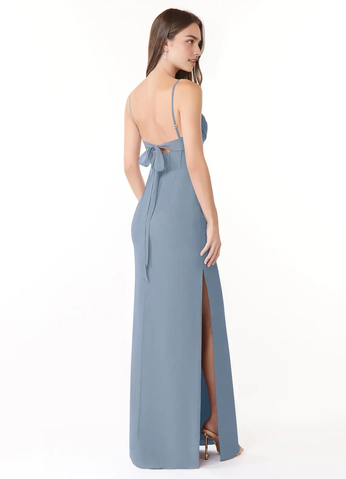 Dusty Blue Spaghetti Strap Maxi Dress with Cowl Neck and Back Bow Dusty Blue Sheath Pleated Chiffon Dress Bridesmaid Dresses