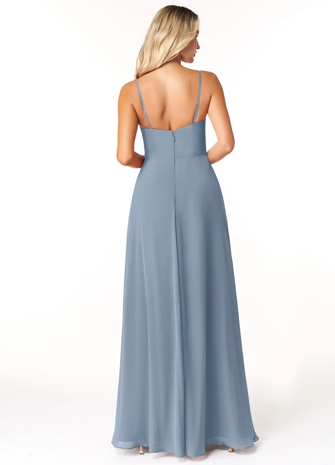 Dusty Blue Spaghetti Strap Side Slit Evening Gown with Pockets Bridesmaid Dresses