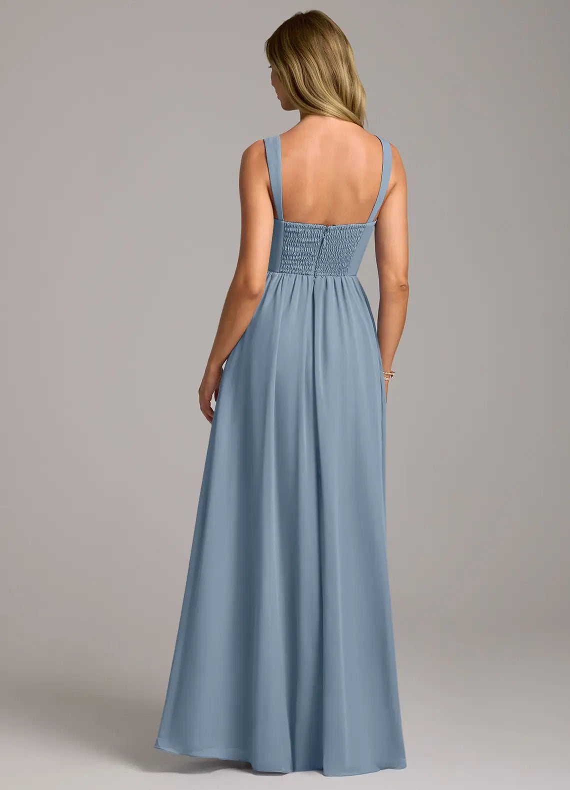 Dusty Blue Square Neck Maxi Dress with Side Slit Blue A-Line Side Slit Chiffon Dress Bridesmaid Dresses