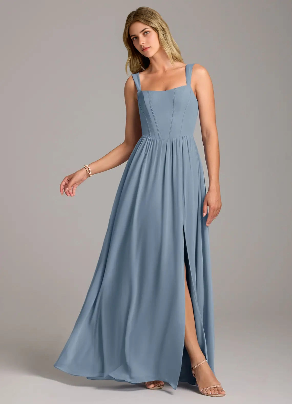 Dusty Blue Square Neck Maxi Dress with Side Slit Blue A-Line Side Slit Chiffon Dress Bridesmaid Dresses