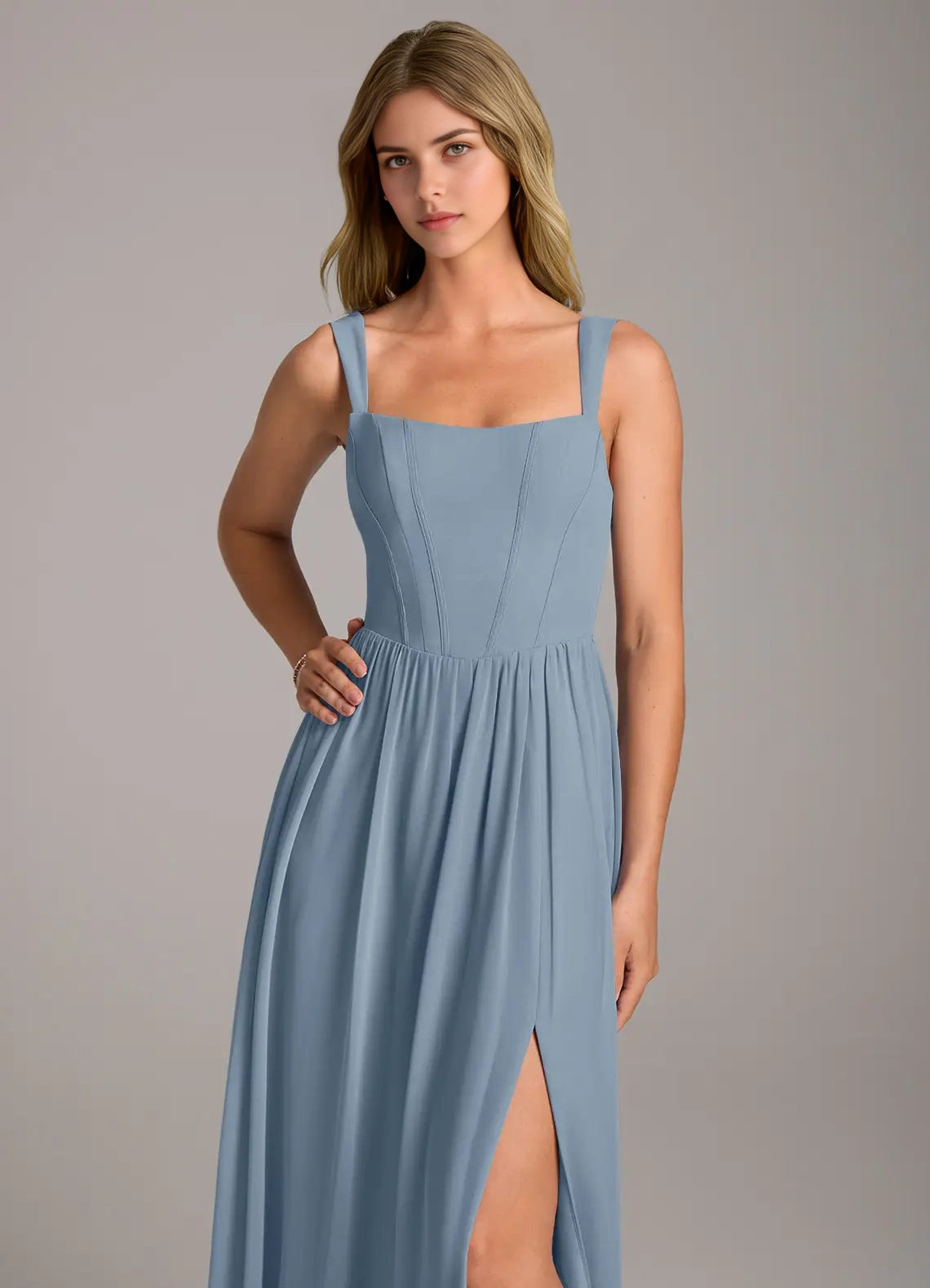 Dusty Blue Square Neck Maxi Dress with Side Slit Blue A-Line Side Slit Chiffon Dress Bridesmaid Dresses