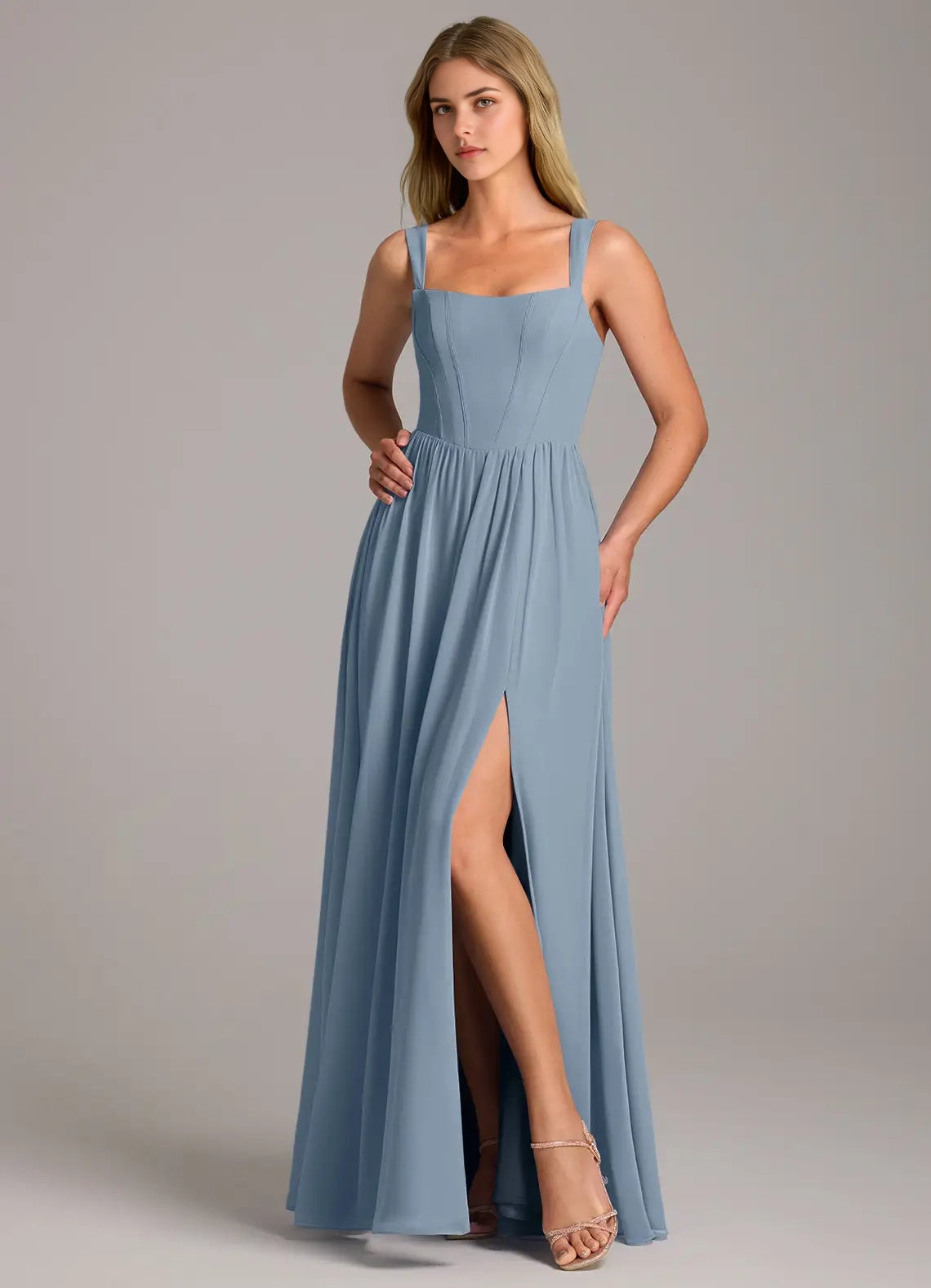 Dusty Blue Square Neck Maxi Dress with Side Slit Blue A-Line Side Slit Chiffon Dress Bridesmaid Dresses