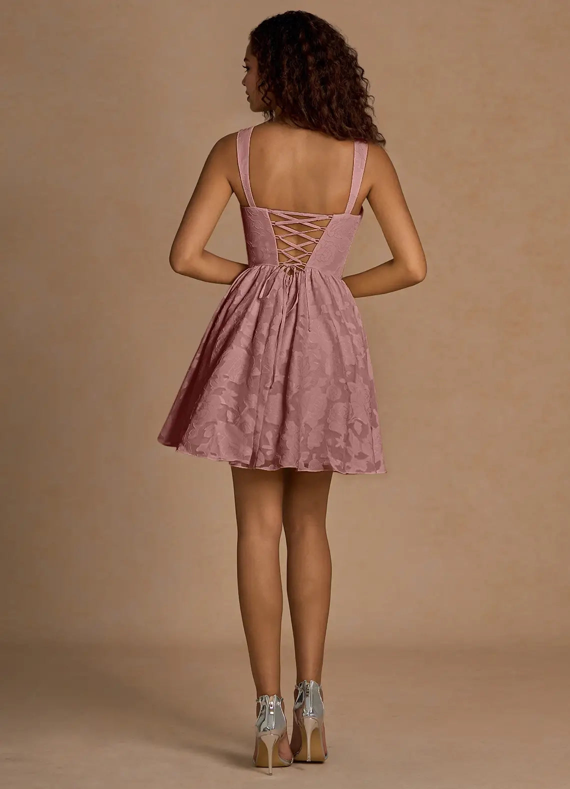 Dusty Rose Floral Jacquard Mini Dress with Lace - Up Back Ivy Light Pink Mini Dress Homecoming Dresses