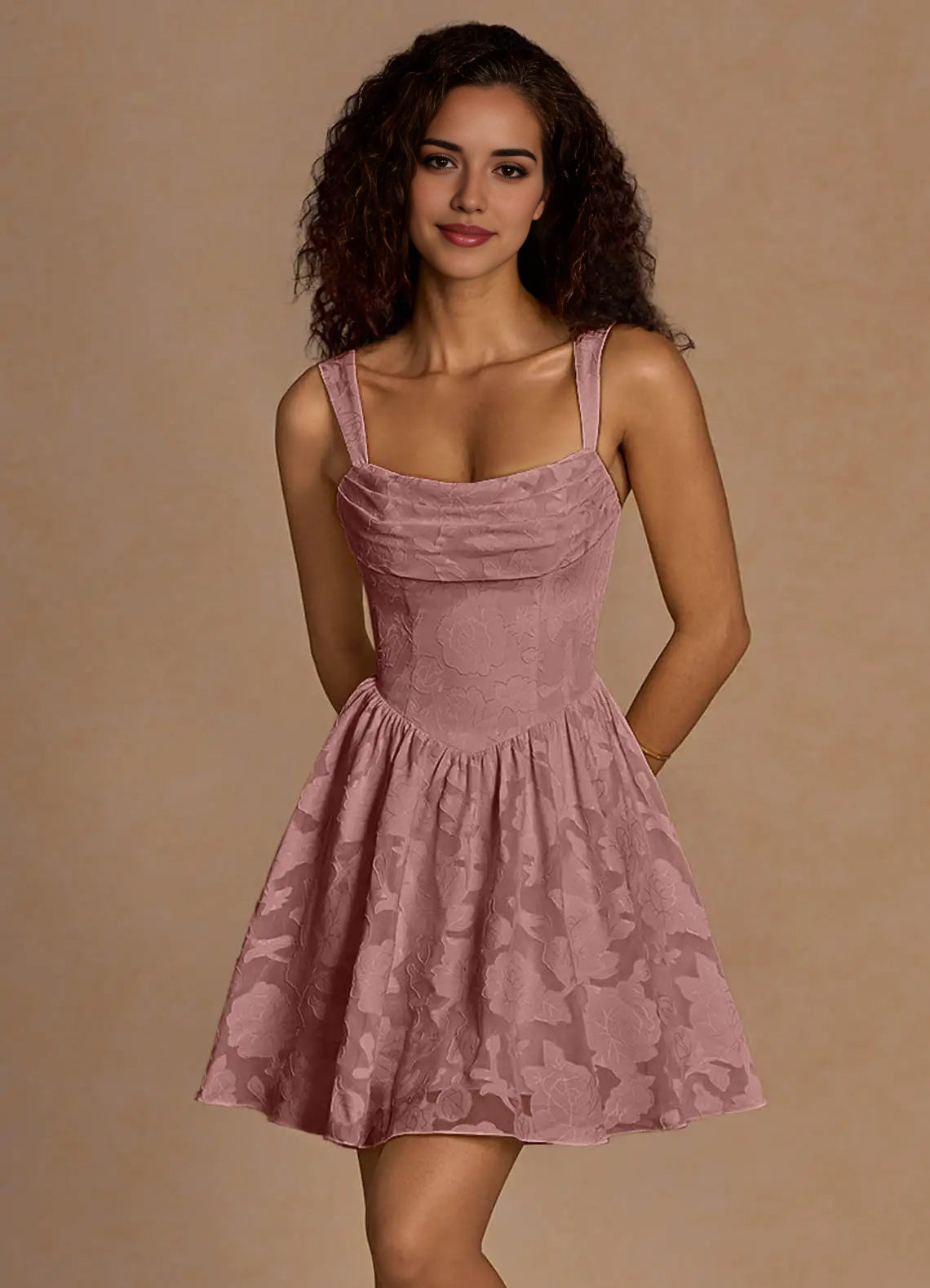 Dusty Rose Floral Jacquard Mini Dress with Lace - Up Back Ivy Light Pink Mini Dress Homecoming Dresses