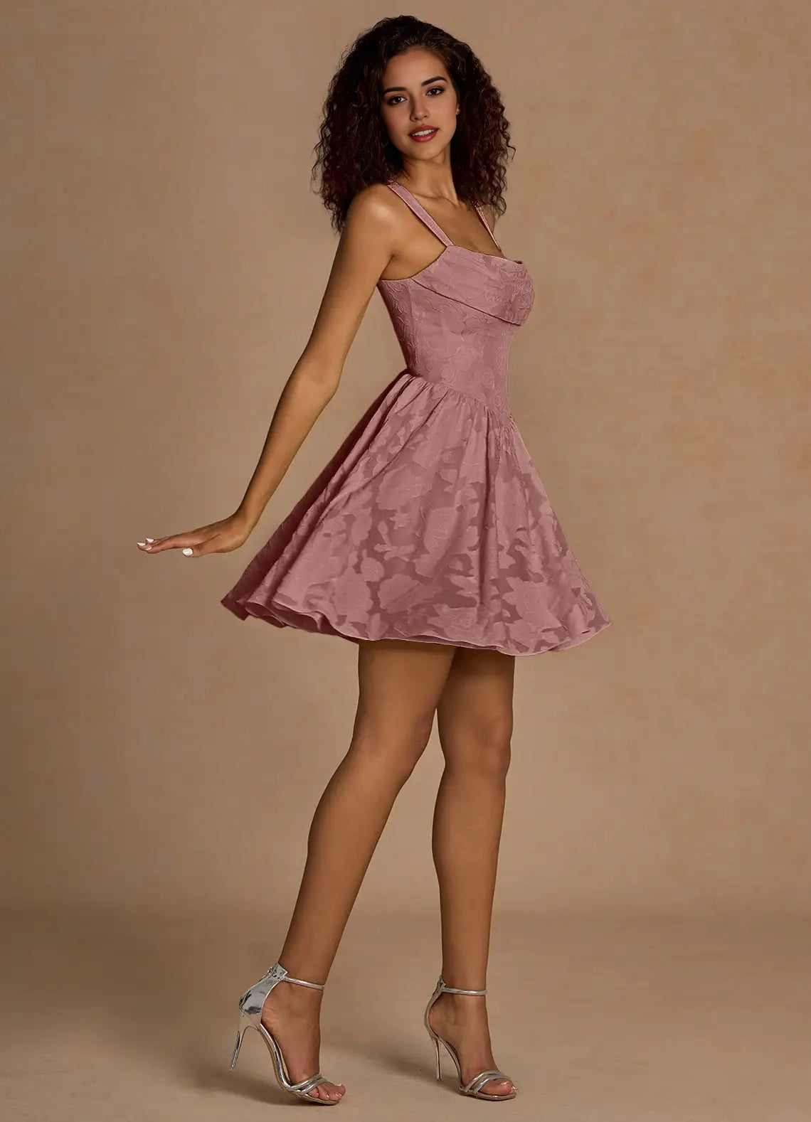 Dusty Rose Floral Jacquard Mini Dress with Lace - Up Back Ivy Light Pink Mini Dress Homecoming Dresses