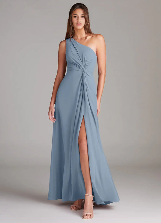 Dusty Blue A-Line One Shoulder Chiffon Dress simple gentle atmospheric and unique desi Bring summer colors to enhance white ﻿