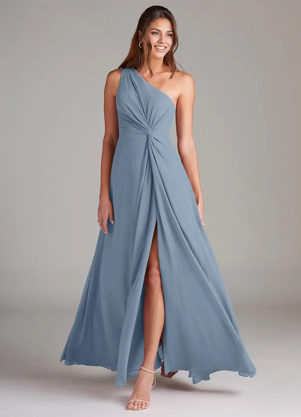Dusty Blue A-Line One Shoulder Chiffon Dress simple gentle atmospheric and unique desi Bring summer colors to enhance white ﻿