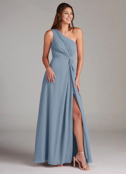 Dusty Blue A-Line One Shoulder Chiffon Dress simple gentle atmospheric and unique desi Bring summer colors to enhance white ﻿
