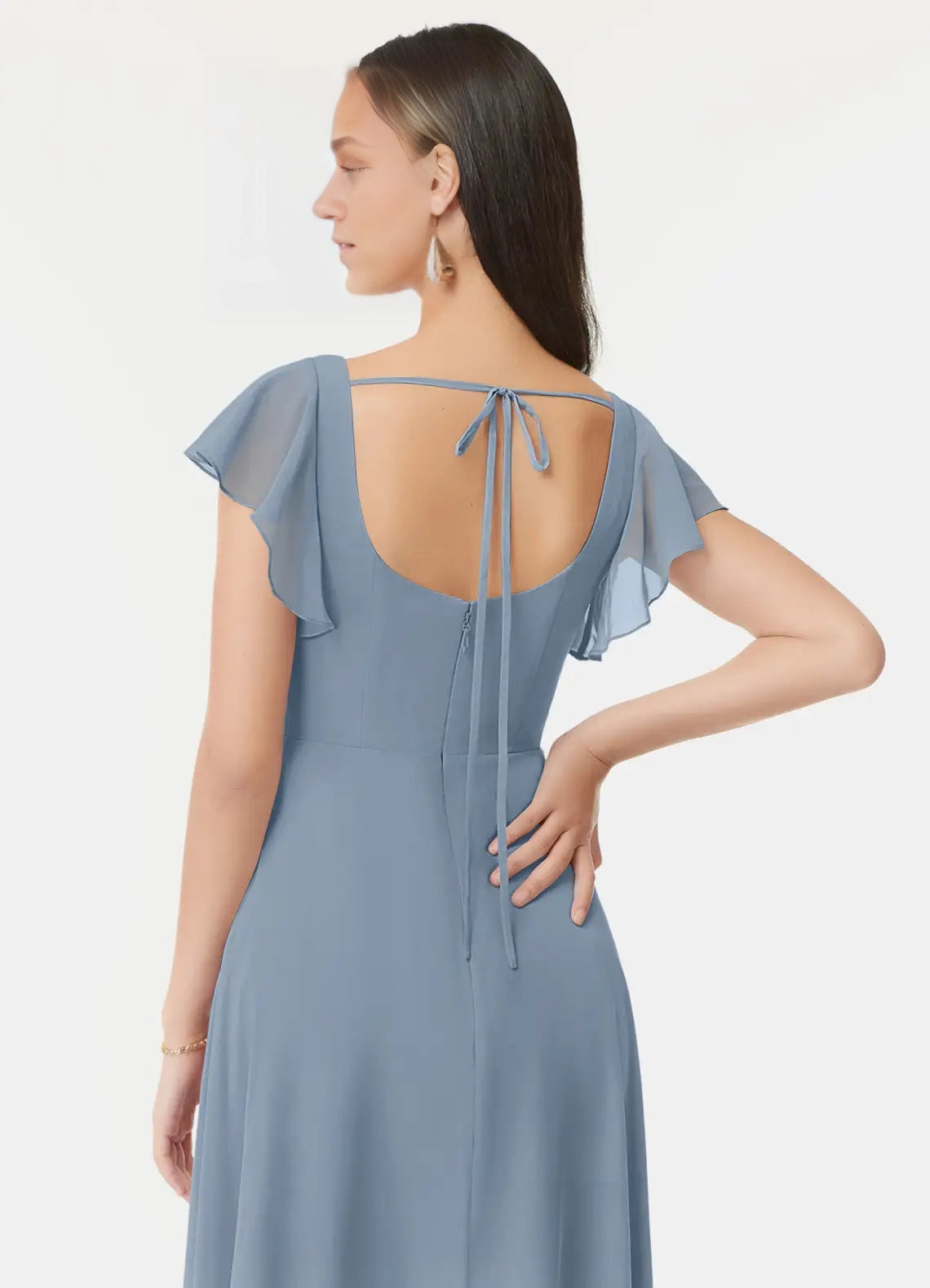 Dusty Blue A-Line Ruffled Chiffon Dress simple gentle atmospheric and unique desi Bring summer colors to enhance white ﻿