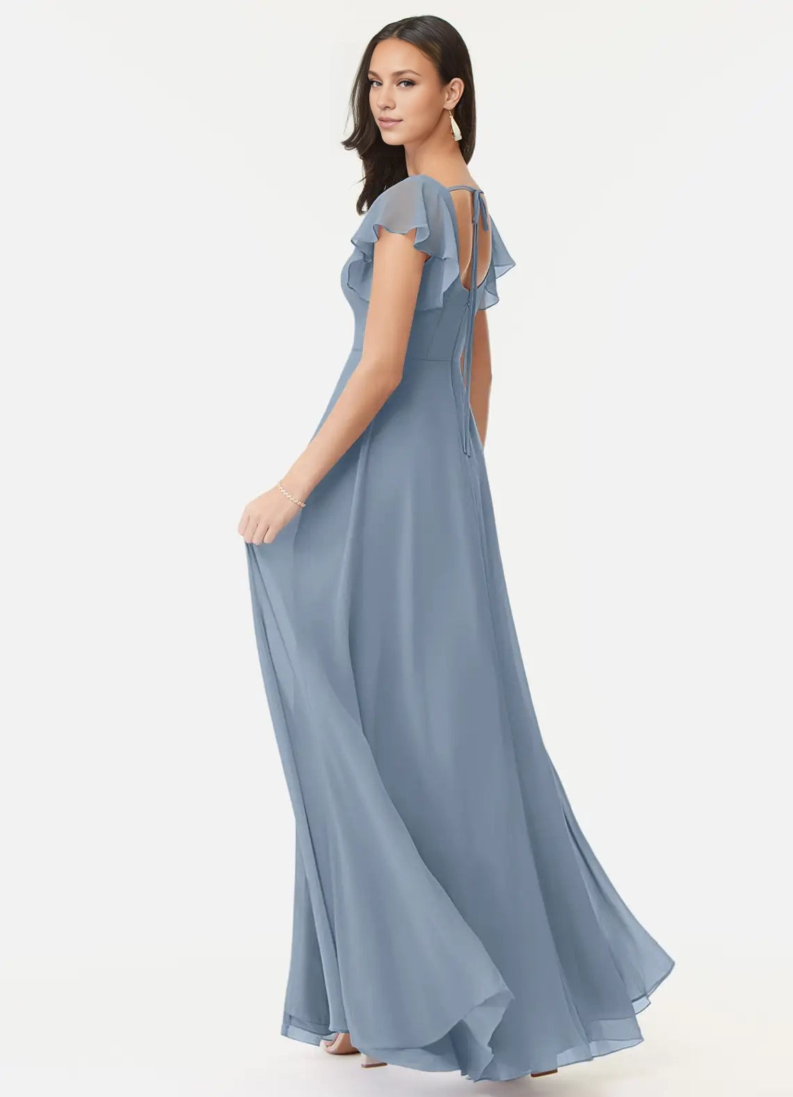 Dusty Blue A-Line Ruffled Chiffon Dress simple gentle atmospheric and unique desi Bring summer colors to enhance white ﻿