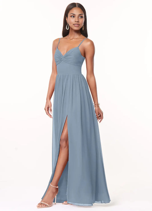 Dusty Blue A-Line V-Neck Pleated Chiffon Dress simple gentle atmospheric and unique desi Bring summer colors to enhance white