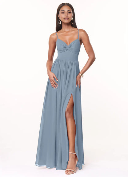 Dusty Blue A-Line V-Neck Pleated Chiffon Dress simple gentle atmospheric and unique desi Bring summer colors to enhance white