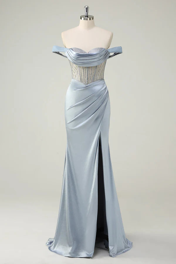 Dusty Blue Mermaid Corset Off The Shoulder Long Prom Dress With Slit simple gentle atmospheric and unique desi