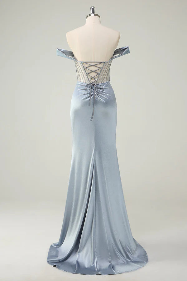 Dusty Blue Mermaid Corset Off The Shoulder Long Prom Dress With Slit simple gentle atmospheric and unique desi