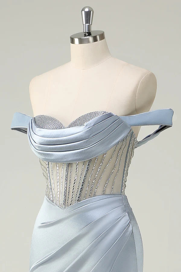 Dusty Blue Mermaid Corset Off The Shoulder Long Prom Dress With Slit simple gentle atmospheric and unique desi