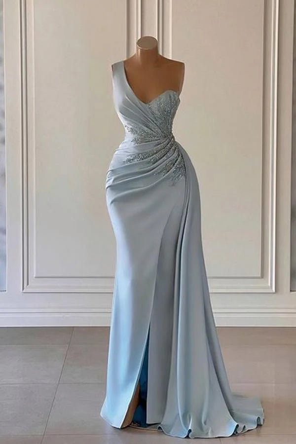 Dusty Blue One Shoulder Long Glitter Evening Dresses Simple gentle atmospheric and unique design