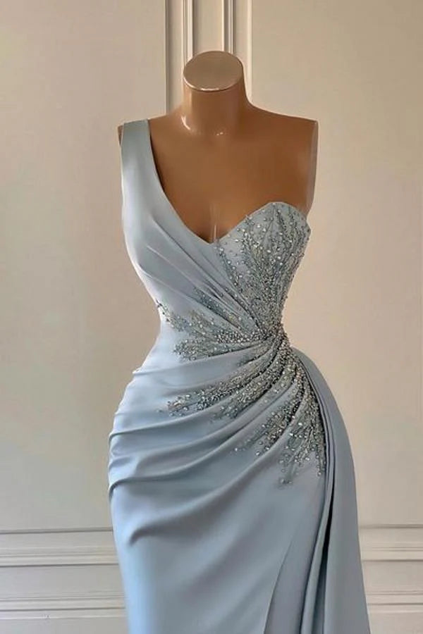Dusty Blue One Shoulder Long Glitter Evening Dresses Simple gentle atmospheric and unique design