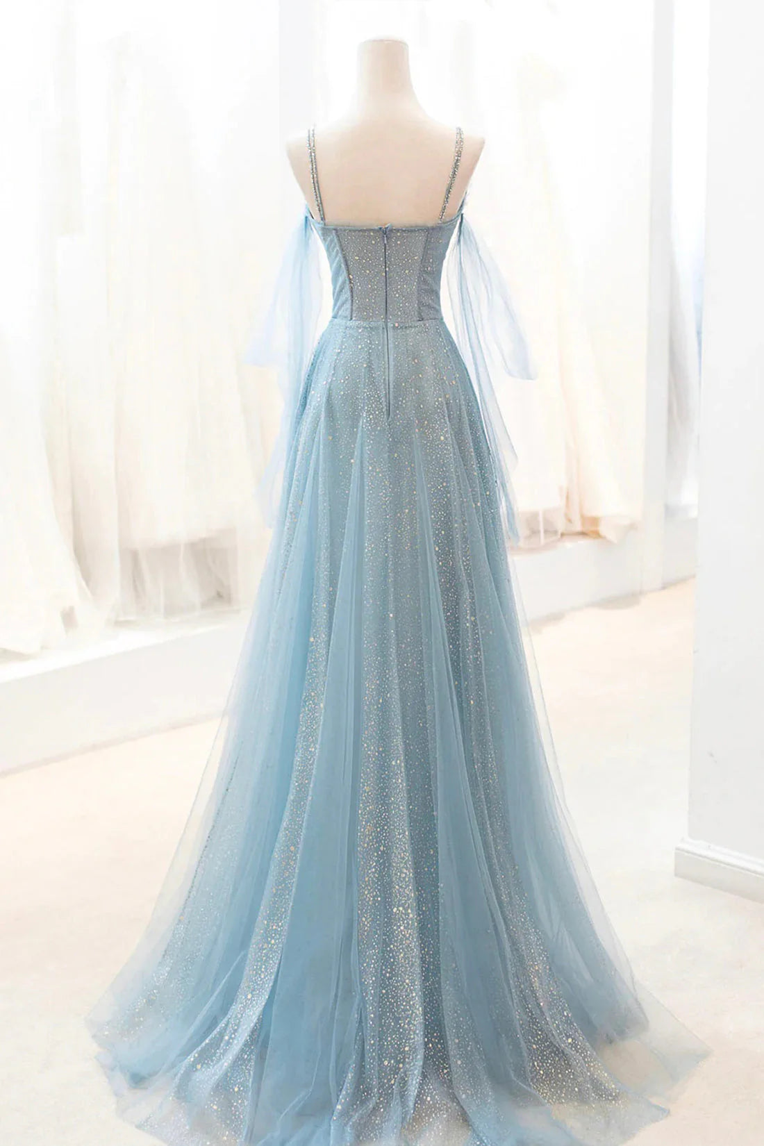 Dusty Blue Sparkly Tulle Long Prom Dress A-Line Spaghetti Strap Evening Dress simple gentle atmospheric and unique desi Bring summer colors to enhance white