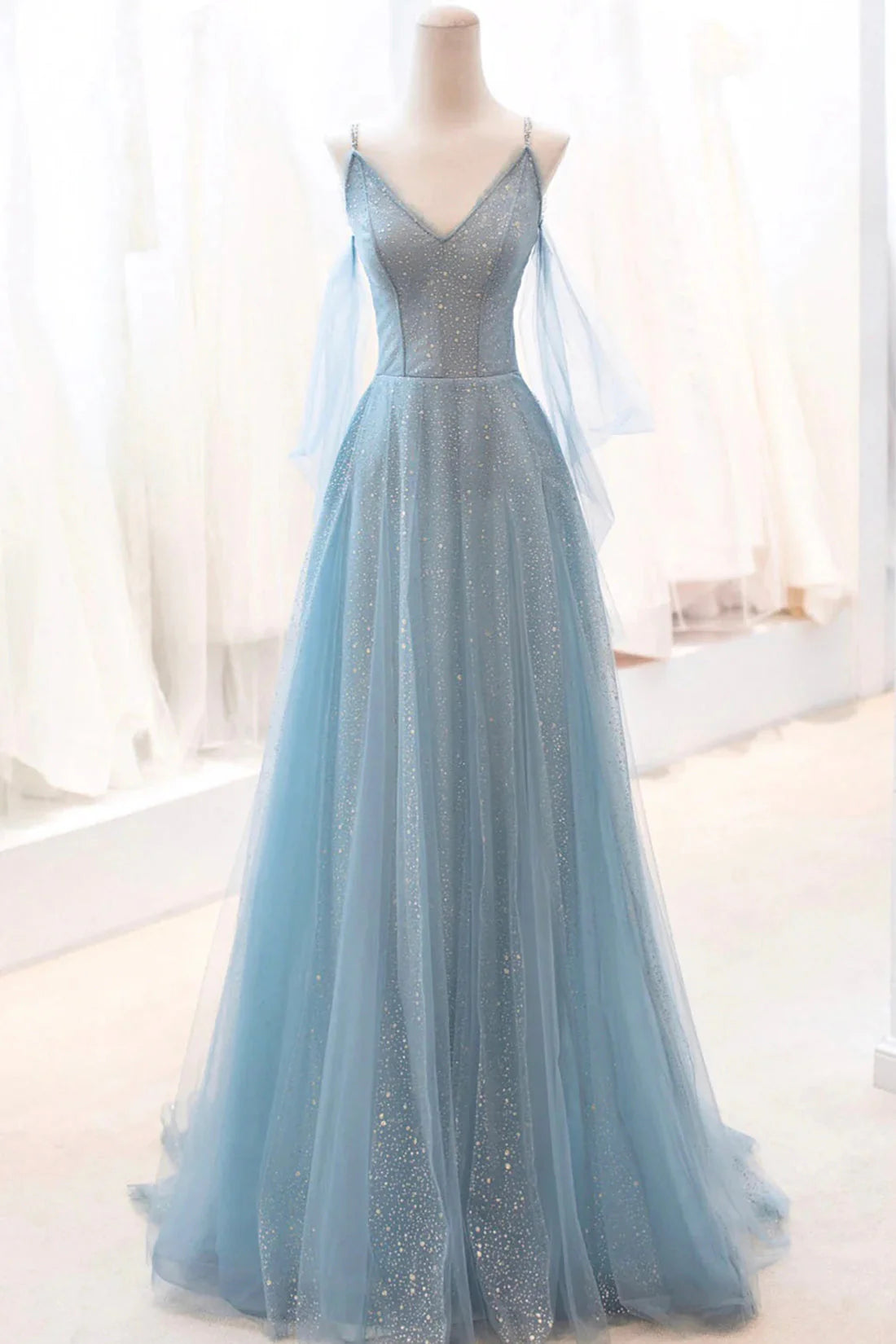 Dusty Blue Sparkly Tulle Long Prom Dress A-Line Spaghetti Strap Evening Dress simple gentle atmospheric and unique desi Bring summer colors to enhance white