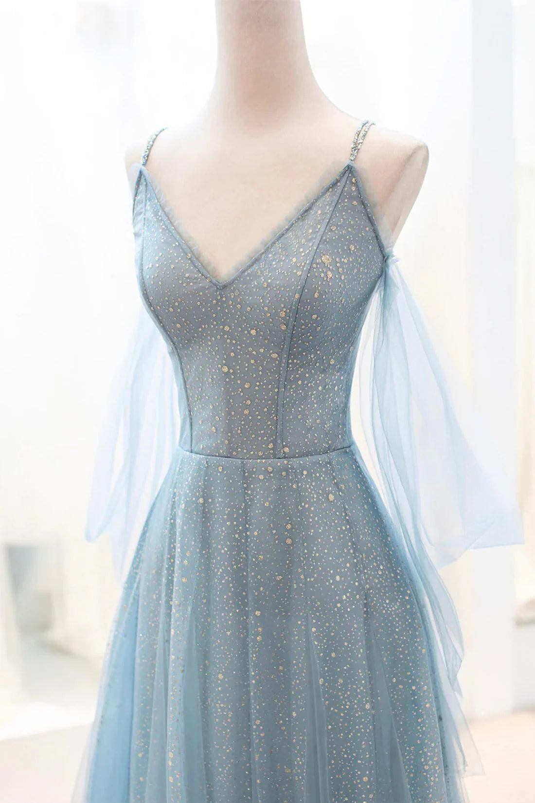 Dusty Blue Sparkly Tulle Long Prom Dress A-Line Spaghetti Strap Evening Dress simple gentle atmospheric and unique desi Bring summer colors to enhance white