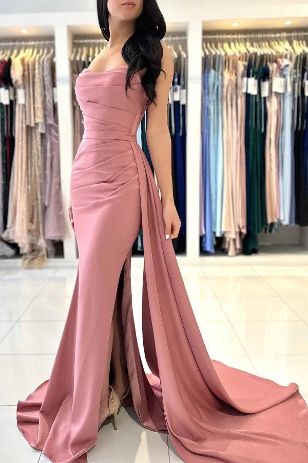 Dusty Pink Prom Dress Mermaid Strapless With Pleats Split Simple gentle atmospheric and unique design  ﻿