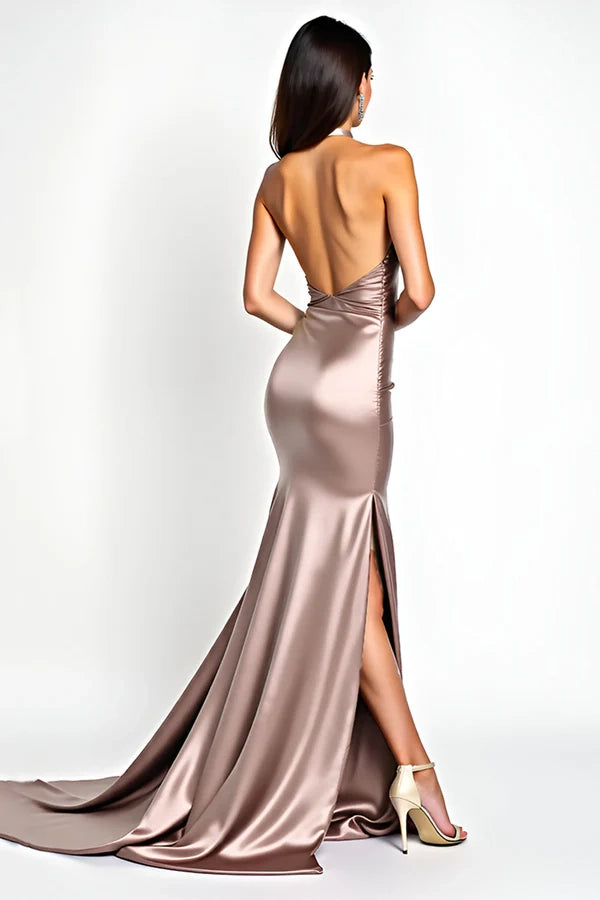 Dusty Rose Mermaid Halter Satin Prom Dress with Slit simple gentle atmospheric and unique desi Bring summer colors to enhance whiteness