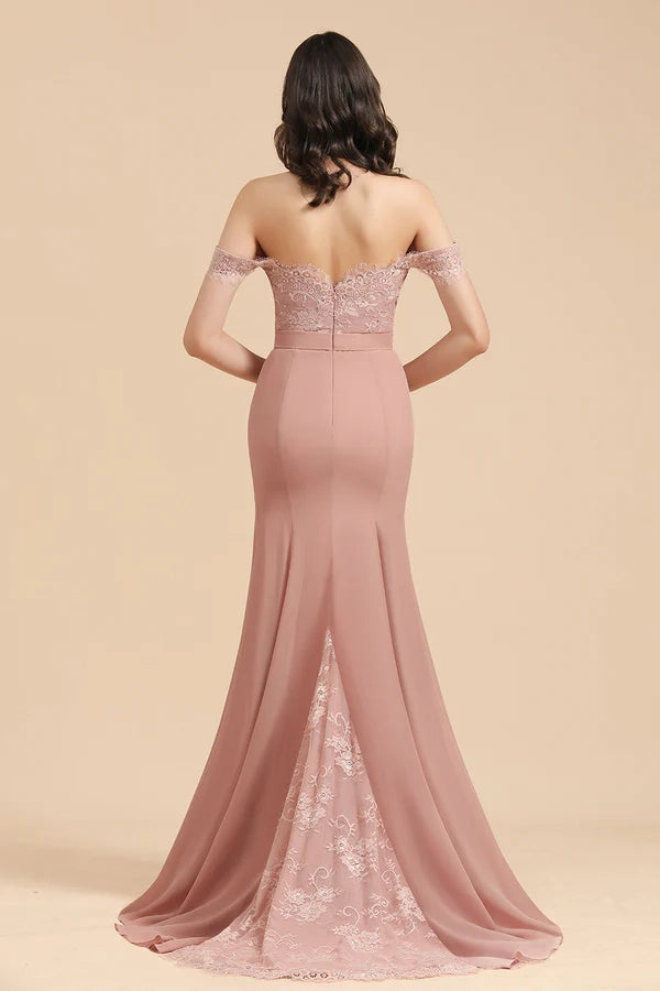 Dusty Rose Off-the-Shoulder Lace Bridesmaid Dresses Simple gentle atmospheric and unique design