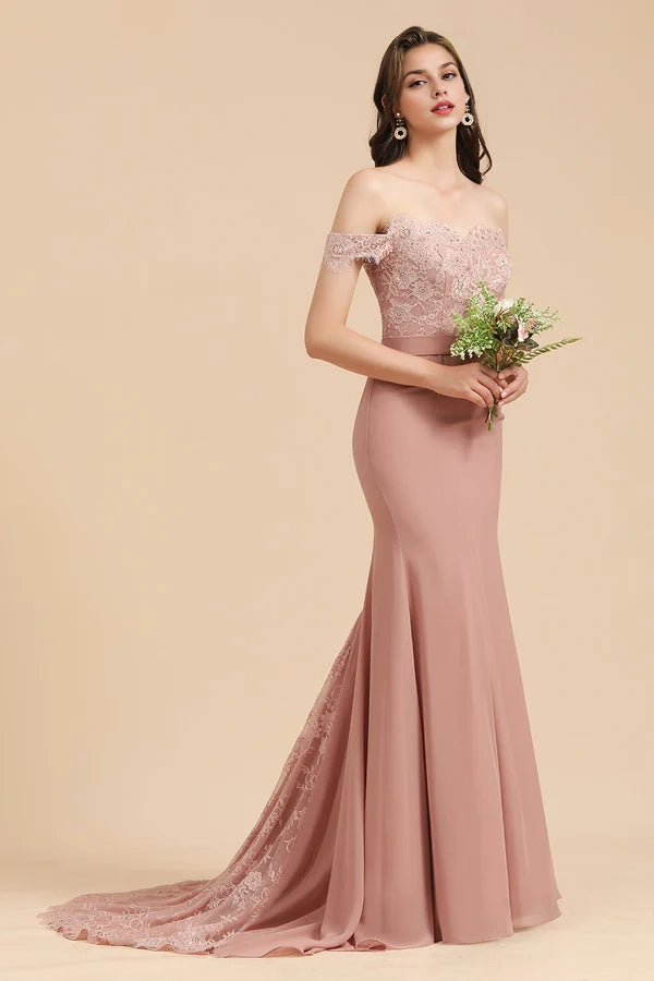 Dusty Rose Off-the-Shoulder Lace Bridesmaid Dresses Simple gentle atmospheric and unique design