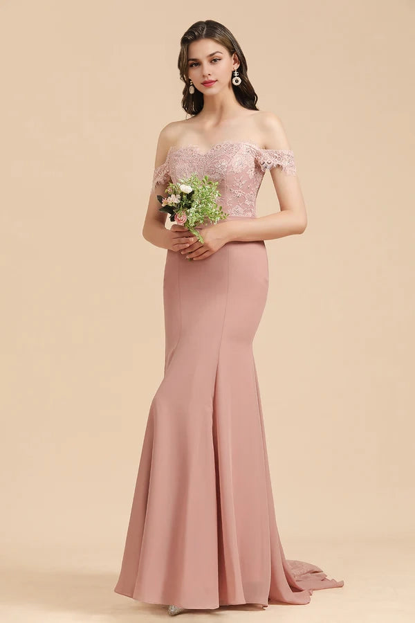 Dusty Rose Off-the-Shoulder Lace Bridesmaid Dresses Simple gentle atmospheric and unique design