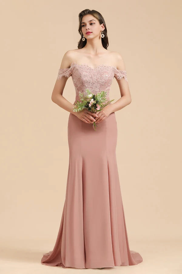 Dusty Rose Off-the-Shoulder Lace Bridesmaid Dresses Simple gentle atmospheric and unique design