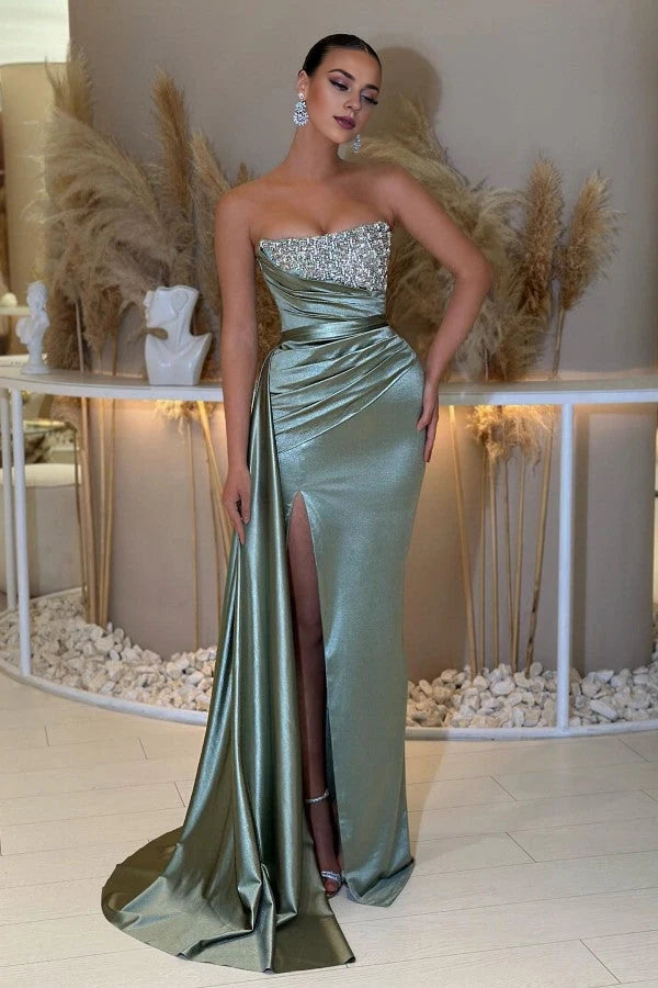 Dusty Sage Sweetheart Prom Dress Mermaid Slit Long With Beads Simple gentle atmospheric and unique design