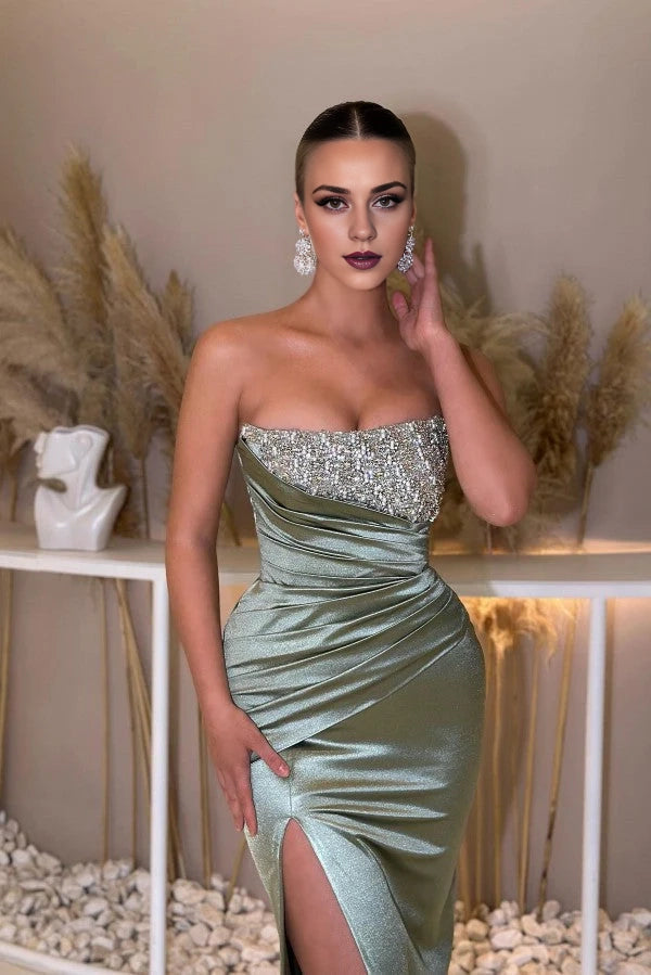 Dusty Sage Sweetheart Prom Dress Mermaid Slit Long With Beads Simple gentle atmospheric and unique design