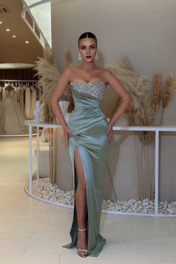 Dusty Sage Sweetheart Prom Dress Mermaid Slit Long With Beads Simple gentle atmospheric and unique design