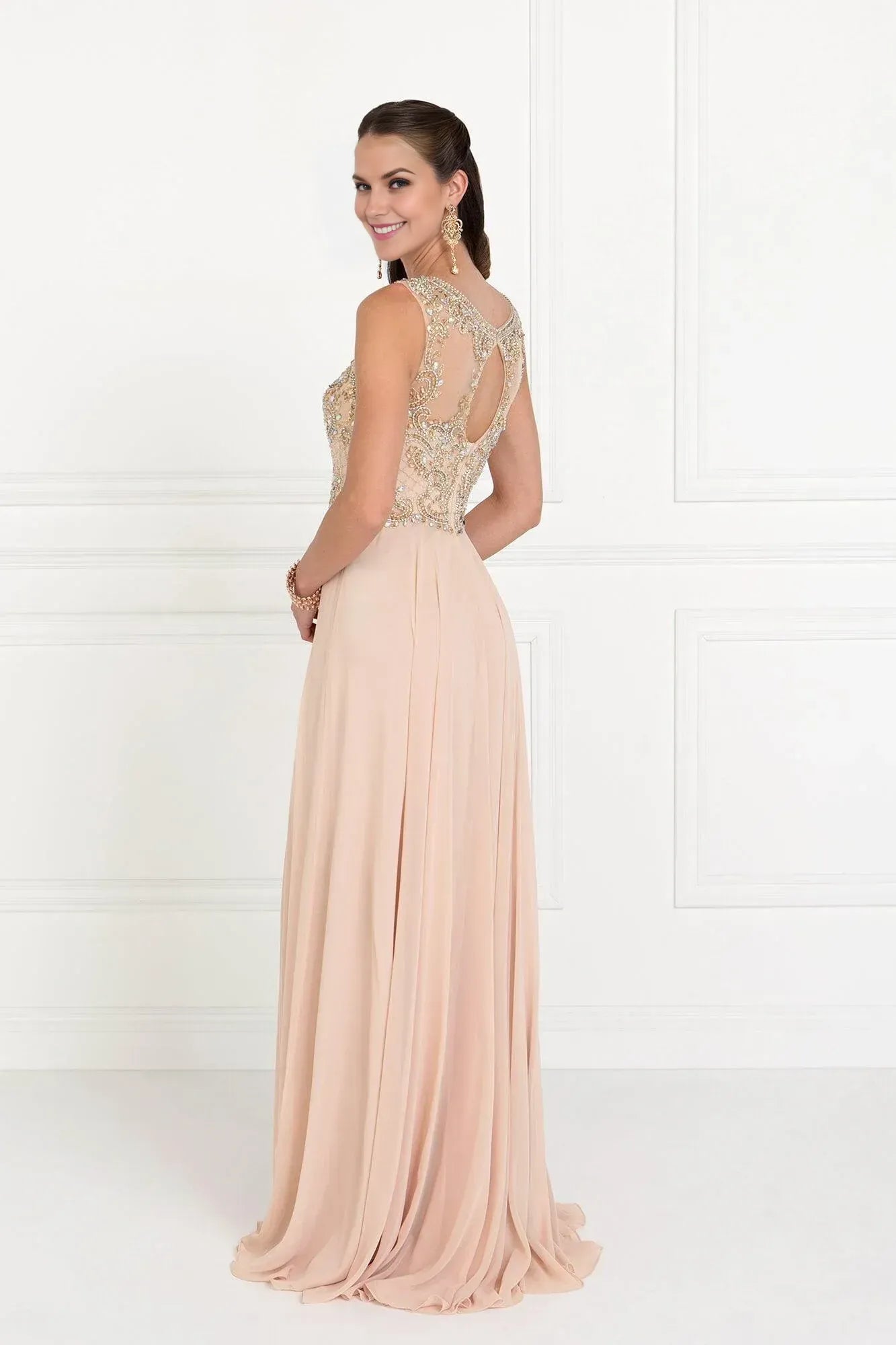 Elegant A-Line Bateau Sleeveless Cutout Back Train Length Prom Dress