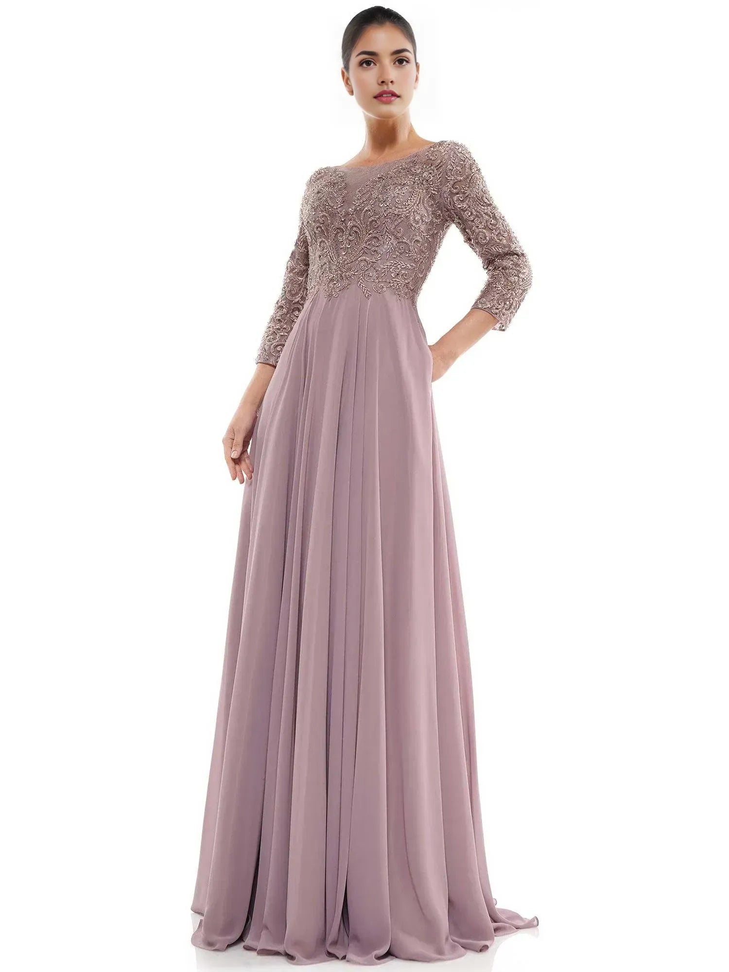 Elegant A-Line Boat Neck Three Quarter Sleeve Embellished Back Floor Length Prom Dress