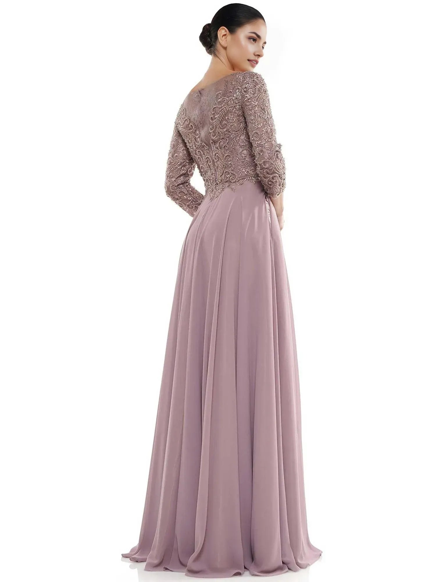 Elegant A-Line Boat Neck Three Quarter Sleeve Embellished Back Floor Length Prom Dress