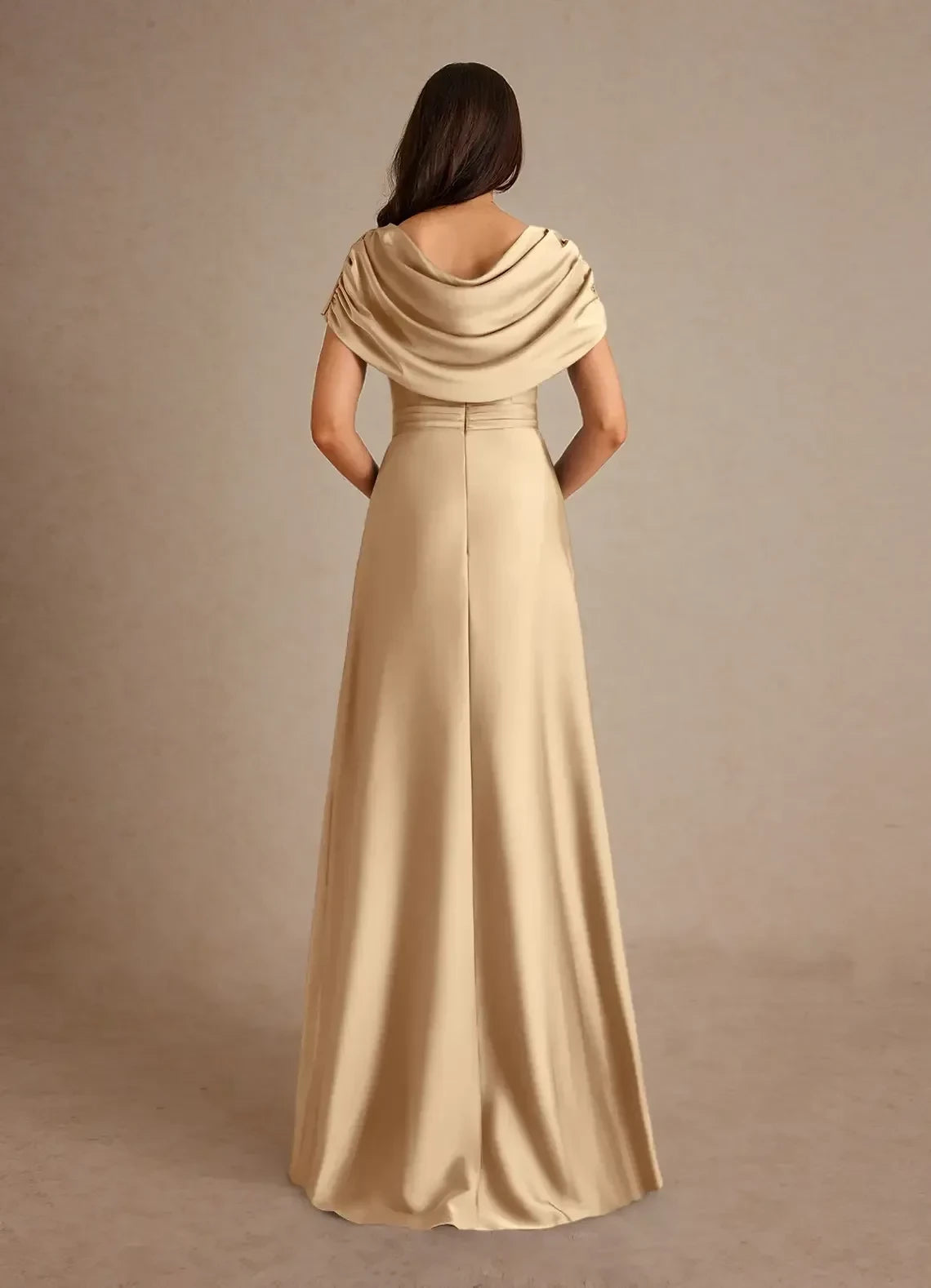 Elegant A Line Cowl Neck Short Sleeve Ruched Back Floor Length Mother of the Bride Dress
