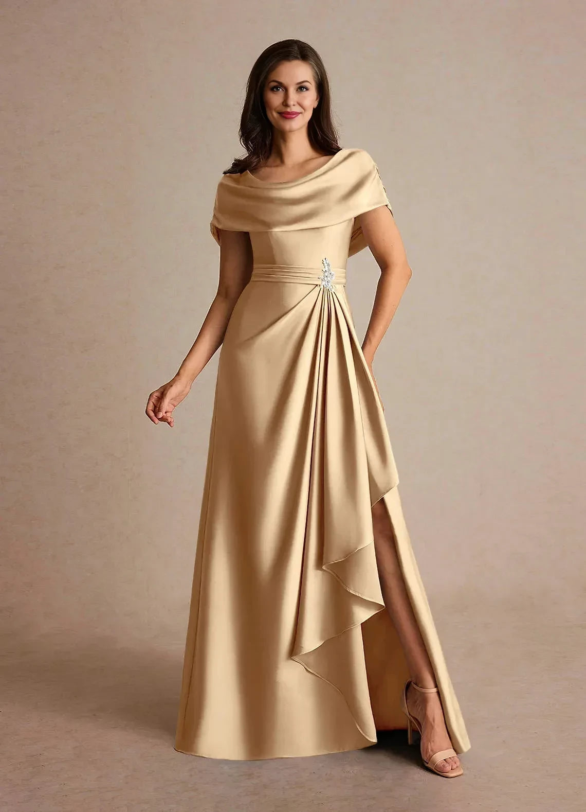 Elegant A Line Cowl Neck Short Sleeve Ruched Back Floor Length Mother of the Bride Dress